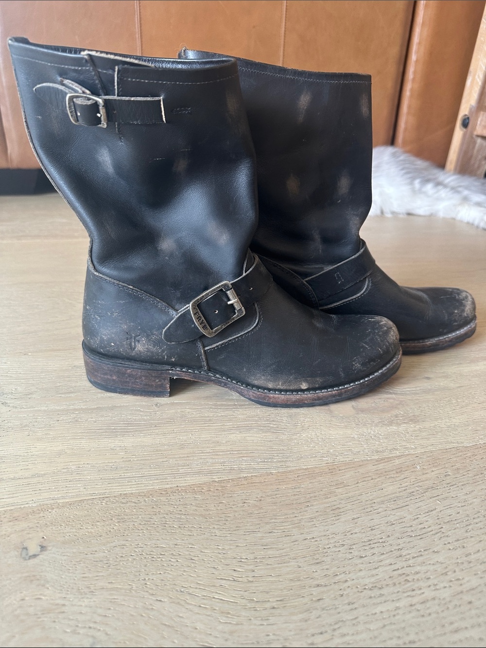 Frye Distressed Black/Dark Brown Leather Engineer Boot with Silver Buckles - Picture 4 of 4